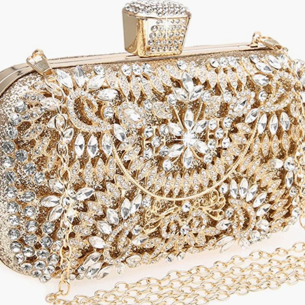 Women's Sparkly Rhinestone Gold Sequin Glitter Bag Clutch Handbag Shoulder Bag